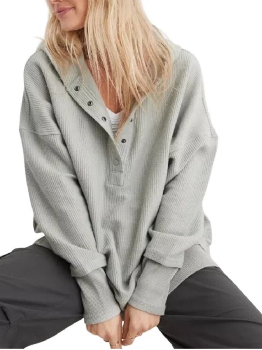 Aerie Sage Green Relaxed Fit Textured Henley Hoodie XS‎ Super Oversized Slouchy